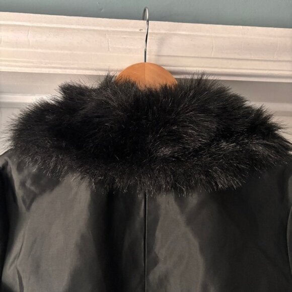 Jessica McClintock Vintage Black Satin Faux Fur Blazer Jacket Zip Up Size S / M - Picture 9 of 11